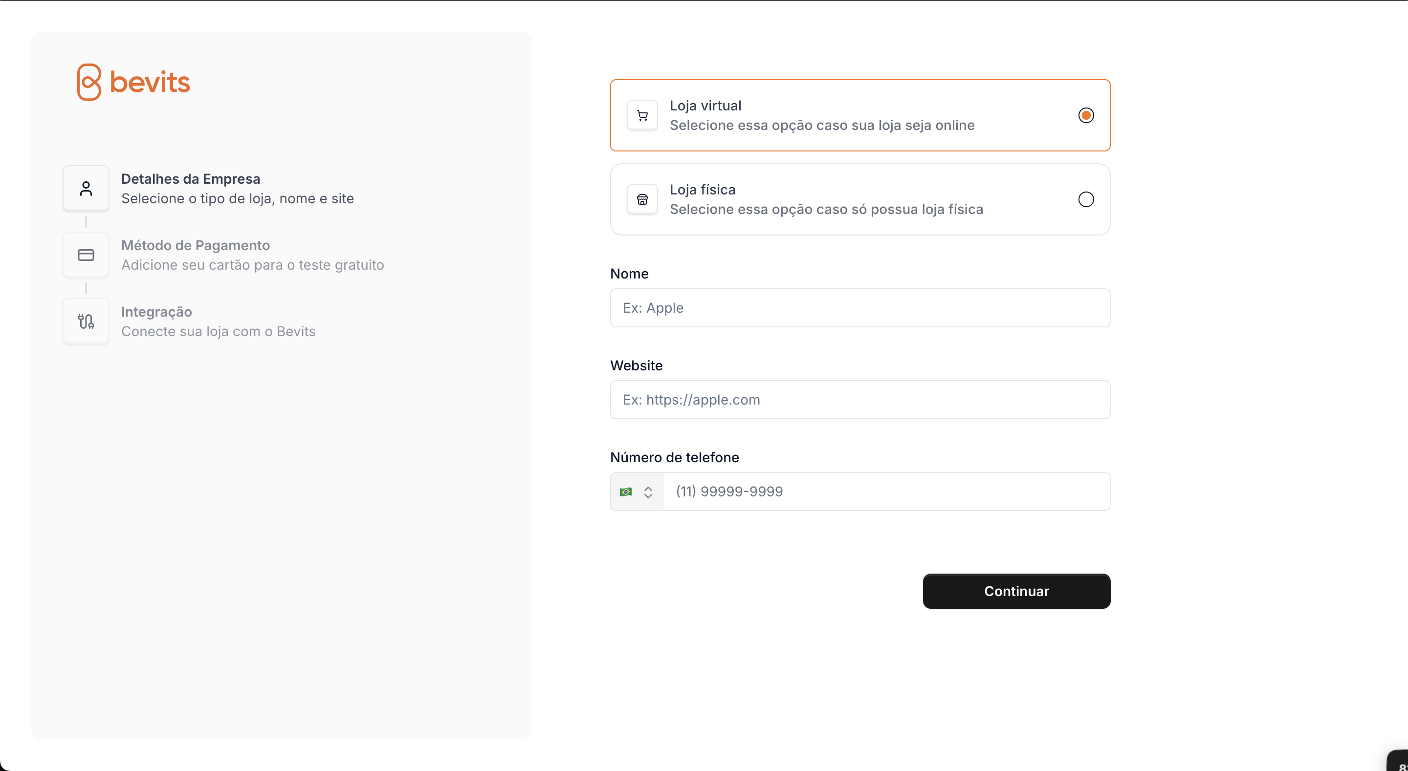 Imagem da página de cadastro da Bevits